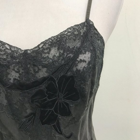 Maxine black lace + velvet silk long slip gown spaghetti straps VINTAGE M midi - Picture 2 of 7